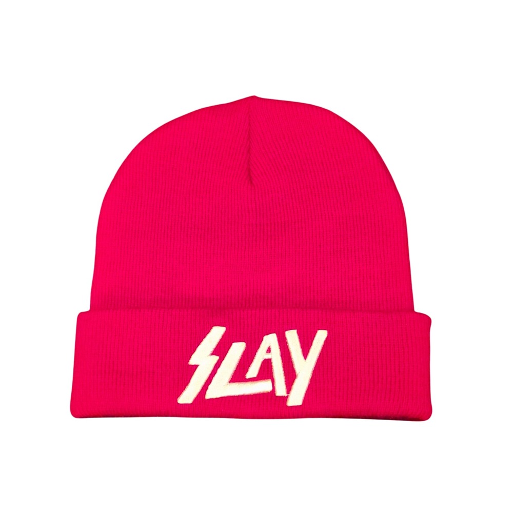 Slay Embroidered‎ Red Beanie Acrylic Knit Cuffed Winter Hat Made in USA
